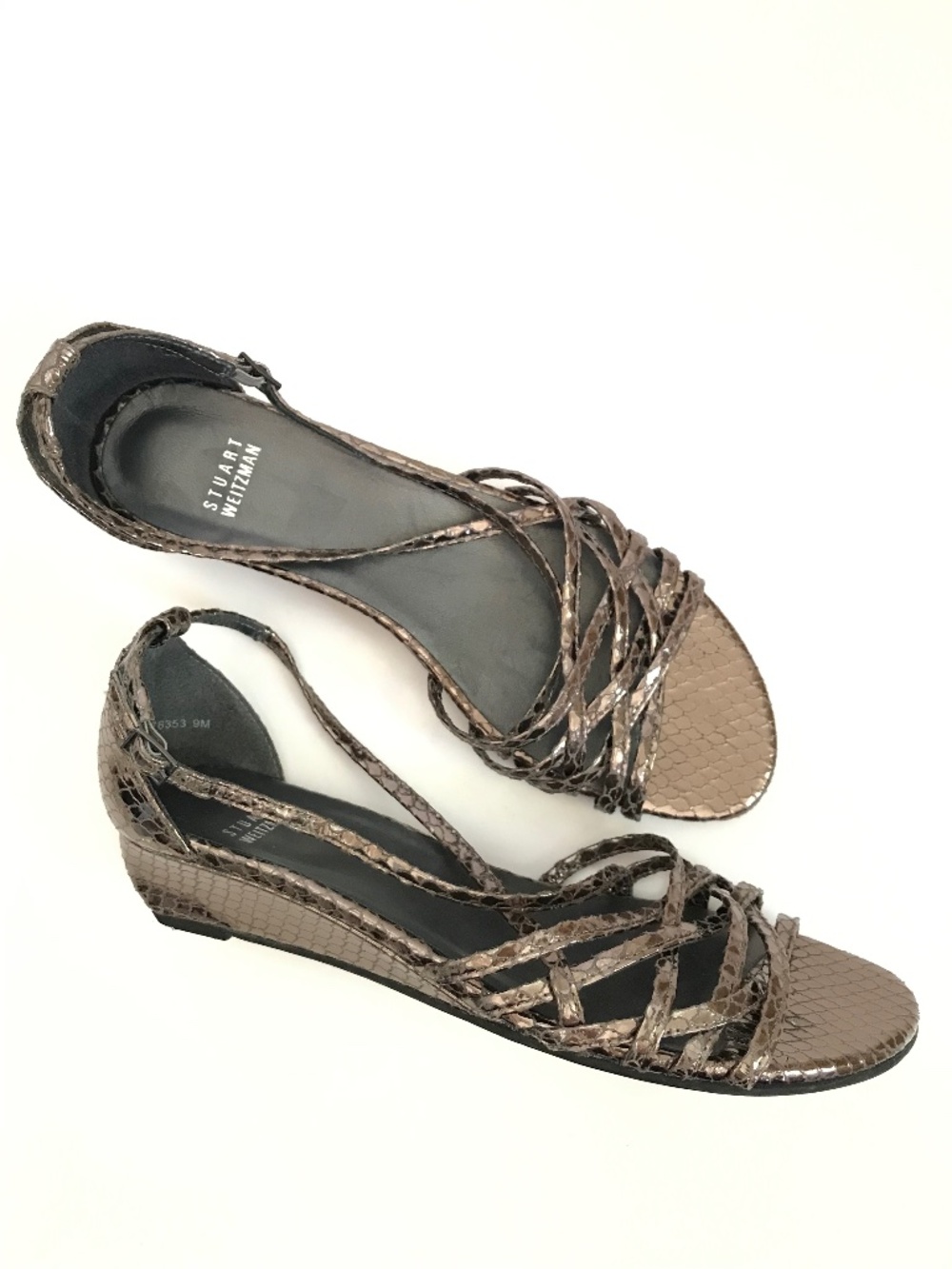 Stuart Weitzman Bronze Snake-Embossed Metallic Strappy Wedge Sandals